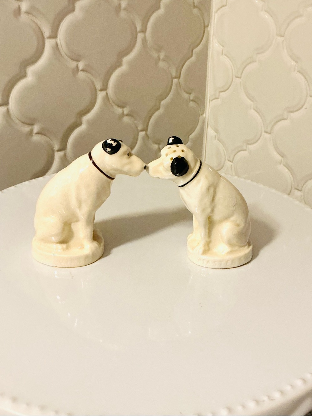 Pair of Vintage White Ceramic Dog Salt & Pepper Shakers with Black Accents